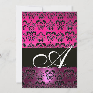 PINK PURPLE BLACK  DAMASK MONOGRAM ,fuchsia white Invitation