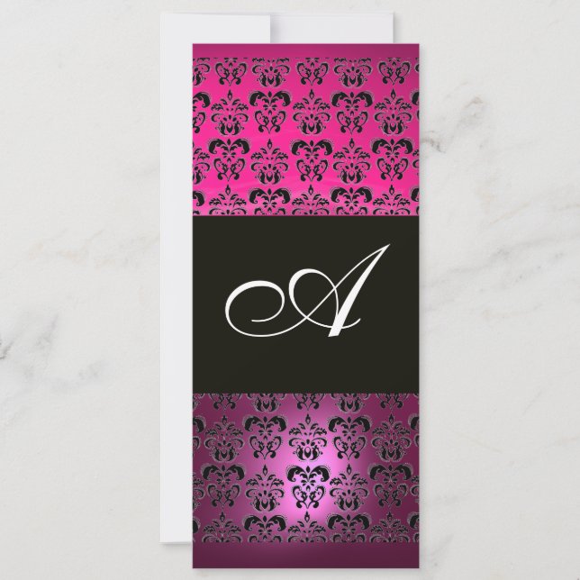 PINK PURPLE BLACK  DAMASK MONOGRAM ,fuchsia white Invitation (Front)