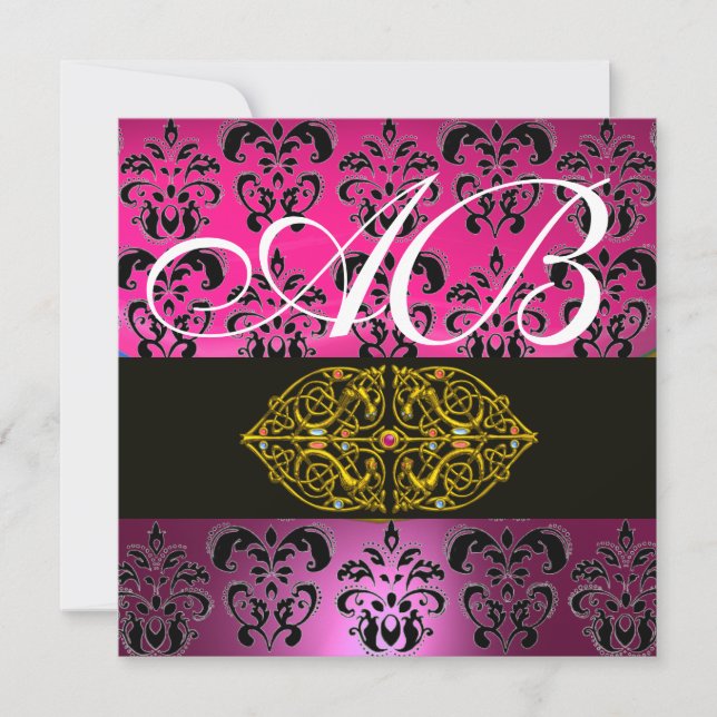PINK PURPLE BLACK  DAMASK MONOGRAM , white Invitation (Front)
