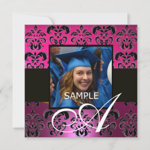 PINK PURPLE BLACK GRADUATION DAMASK  MONOGRAM INVITATION