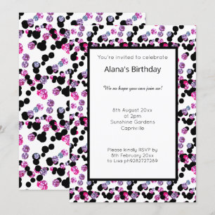 PINK PURPLE BLACK LEOPARD SPOT PATTERN BIRTHDAY INVITATION