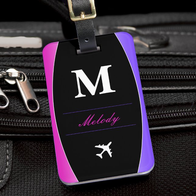 Pink Purple & Black Name Monogram Luggage Tag (pink purple and black monogram airplane pilot luggage tag)