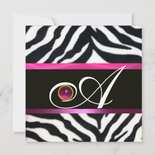 PINK,PURPLE BLACK WHITE ZEBRA FUR MONOGRAM fuchsia Invitation