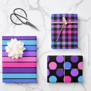 PINK PURPLE BLUE BLACK STRIPES POLKA DOTS PLAIDS WRAPPING PAPER SHEET