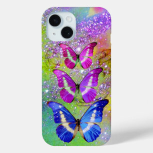 PINK PURPLE BLUE BUTTERFLIES,GREEN GOLD SPARKLES iPhone 15 CASE