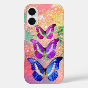 PINK PURPLE BLUE BUTTERFLIES IN GOLD SPARKLES iPhone 16 CASE