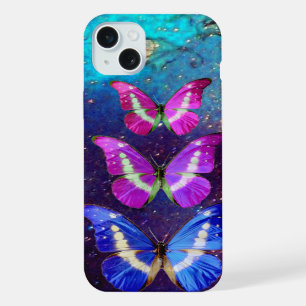 PINK PURPLE BLUE BUTTERFLIES IN GOLD SPARKLES iPhone 15 PLUS CASE