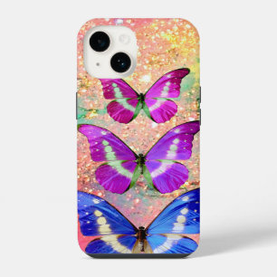 PINK PURPLE BLUE BUTTERFLIES IN GOLD SPARKLES iPhone CASE