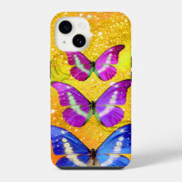 PINK PURPLE BLUE BUTTERFLIES IN GOLD YELLOW