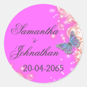 Pink purple blue butterfly wedding classic round sticker