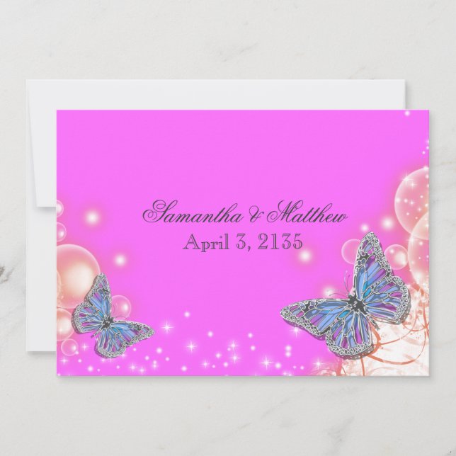 Pink purple blue butterfly wedding invitation (Front)