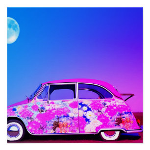 Pink purple blue car floral blue moon sky ai art poster