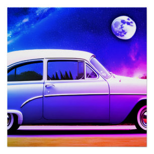 Pink purple blue car in blue moon ai art poster
