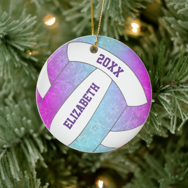 pink purple blue colourful girly volleyball ceramic ornament (Tree)