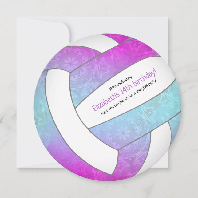 pink purple blue colourful volleyball birthday announcement (Front)