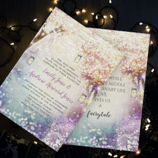 Pink Purple Blue Fairy Lights Boho Forest Wedding Invitation
