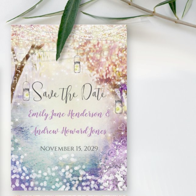 Pink Purple Blue Fairy Lights Boho Forest Wedding Save The Date (Creator Uploaded)