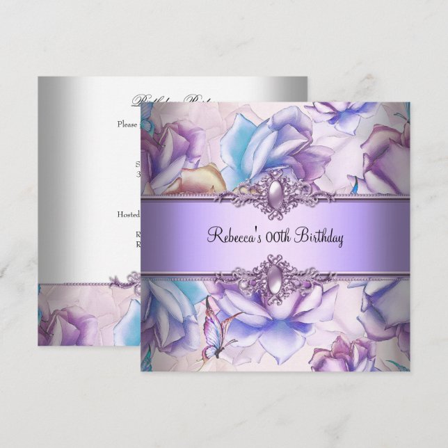 Pink Purple Blue Floral Birthday Party  Image Invitation (Front/Back)