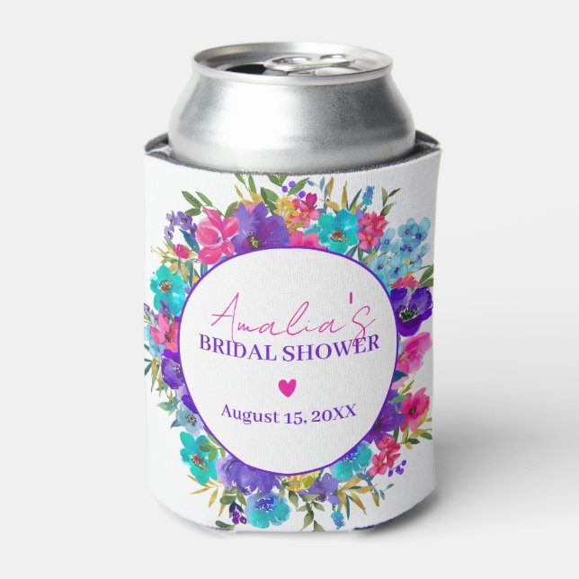 Pink Purple Blue Floral Bridal Shower Can Cooler (Can Front)