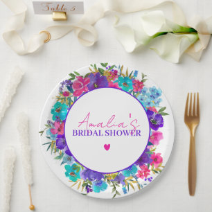 Pink Purple Blue Floral Bridal Shower Paper Plate