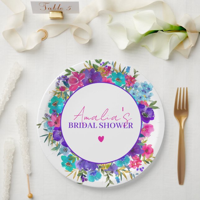 Pink Purple Blue Floral Bridal Shower Paper Plate (Wedding)