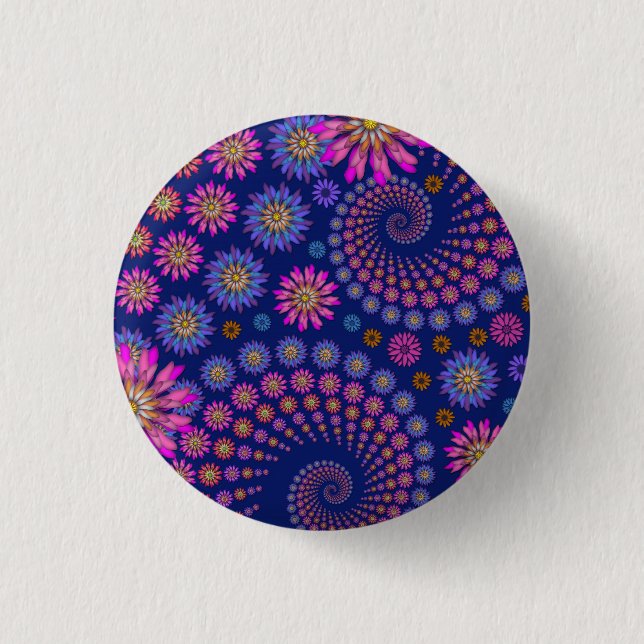 Pink Purple Blue Floral Pattern on Blue 3 Cm Round Badge (Front)