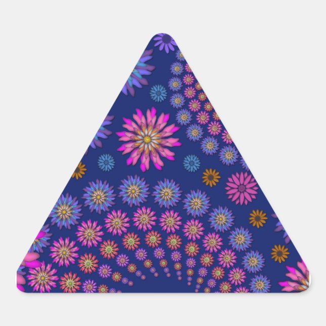 Pink Purple Blue Floral Pattern on Blue Triangle Sticker (Front)