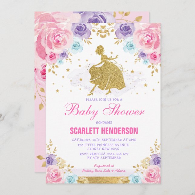 Pink Purple Blue Floral Royal Princess Baby Shower Invitation (Front/Back)