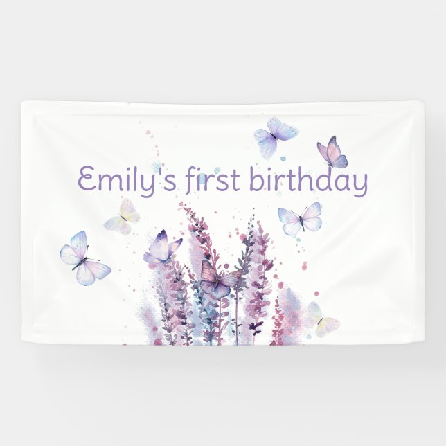 Pink purple blue flower butterfly birthday  banner (Horizontal)