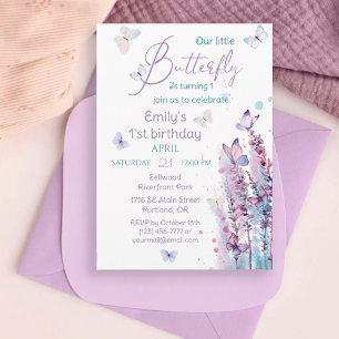 Pink purple blue flower butterfly birthday invitation