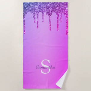 Pink Purple Blue Glitter Drips Monogram Name Beach Towel
