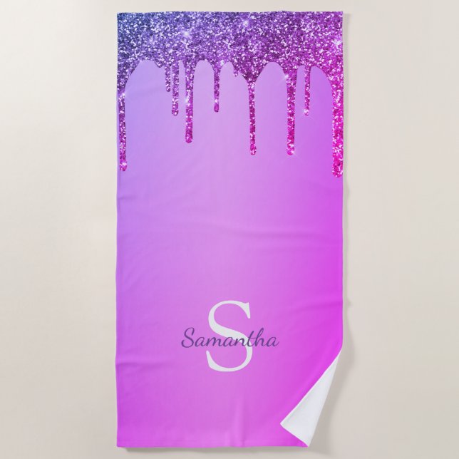 Pink Purple Blue Glitter Drips Monogram Name Beach Towel (Front)