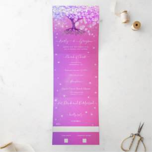 Pink Purple Blue Heart Leaf Tree Wedding Tri-Fold Invitation