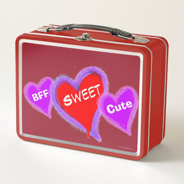 Pink Purple Blue Hearts Sweet Cute Metal Lunch Box (Front)