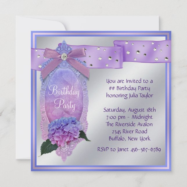 Pink Purple Blue Hydrangea Birthday Party Invitation (Front)
