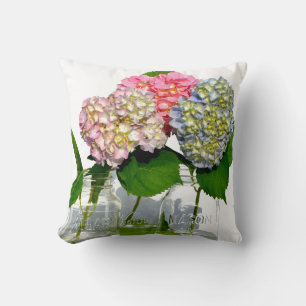 Pink purple blue Hydrangeas and Mason jar  Cushion