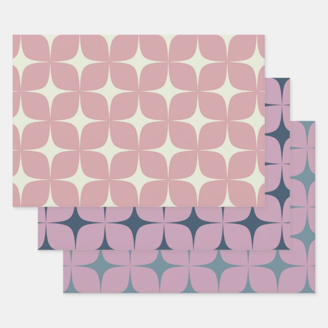 Pink Purple Blue Mid Century Modern Boho Geometric Wrapping Paper Sheet (Set)