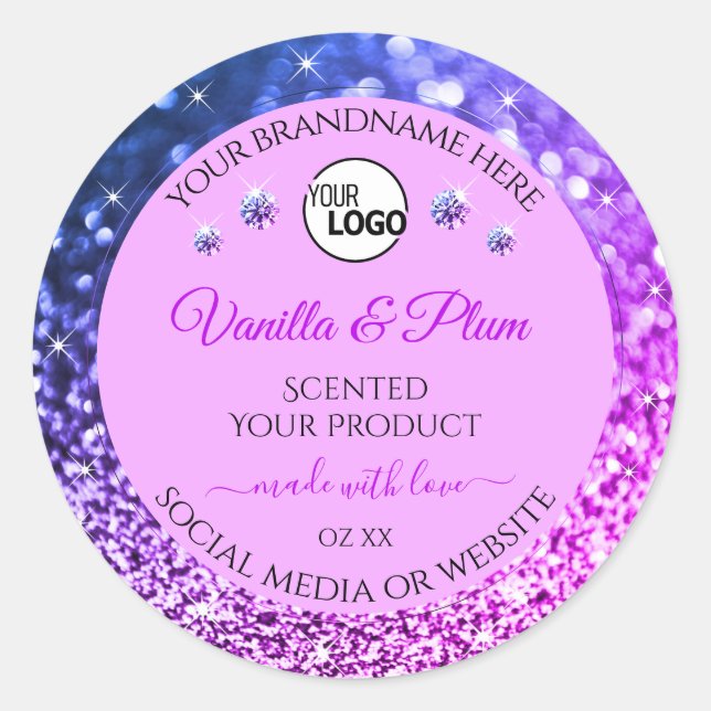 Pink Purple Blue Ombre Glitter Logo Product Labels (Front)