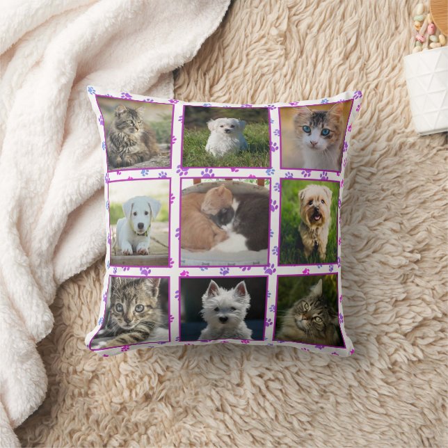 Pink Purple Blue Paw Prints Pet Photo Collage Cushion (Blanket)