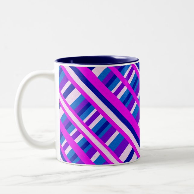 Pink Purple Blue Plaid Diagonal Two-Tone Coffee Mug (Left)