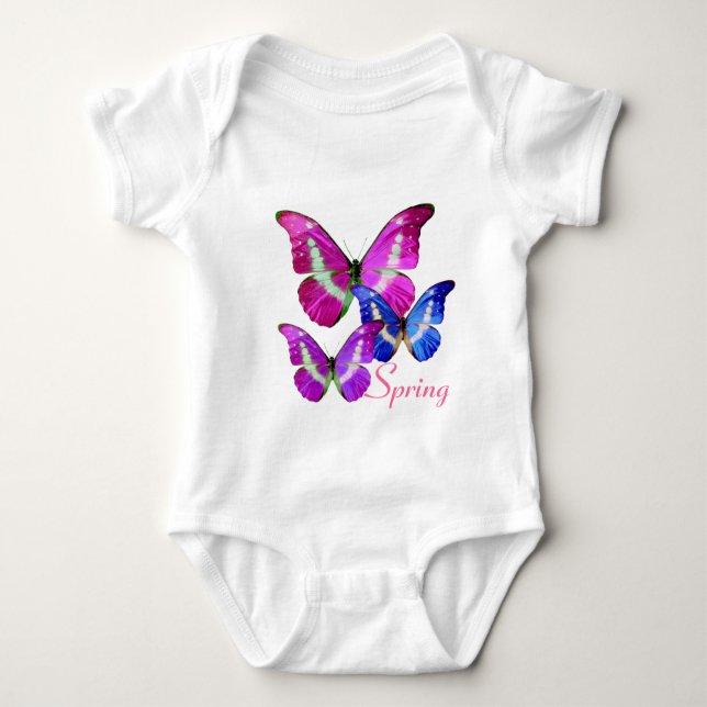 PINK PURPLE BLUE SPRING BUTTERFLIES BABY BODYSUIT (Front)