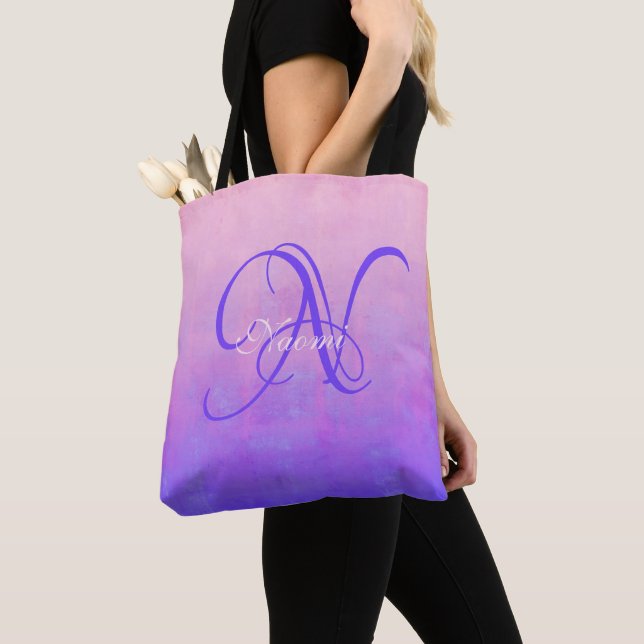 Pink Purple Blue stylish rustic monogram Tote Bag (Close Up)