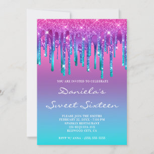Pink Purple Blue Teal Drip Gradient Sweet Sixteen Invitation