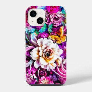 Pink Purple Blue Teal White Garden Flowers Fantasy iPhone 14 Case