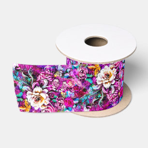 Pink Purple Blue Teal White Garden Flowers Fantasy Satin Ribbon
