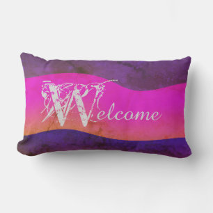Pink Purple Blue Watercolor Chic Outdoor "Welcome" Lumbar Cushion