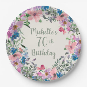 Pink Purple Blue Watercolor Floral 70th Birthday Paper Plate