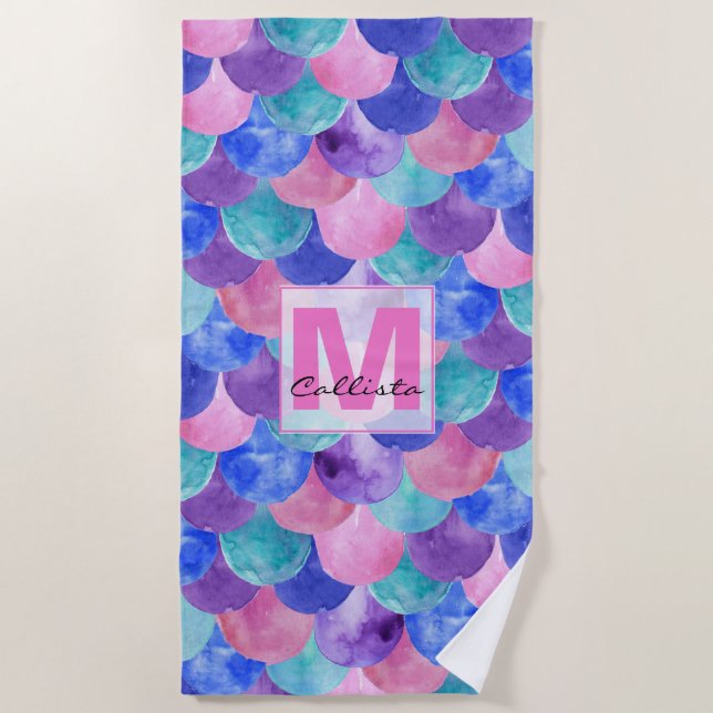 Pink Purple Blue Watercolor Mermaid Scale Monogram Beach Towel (Front)