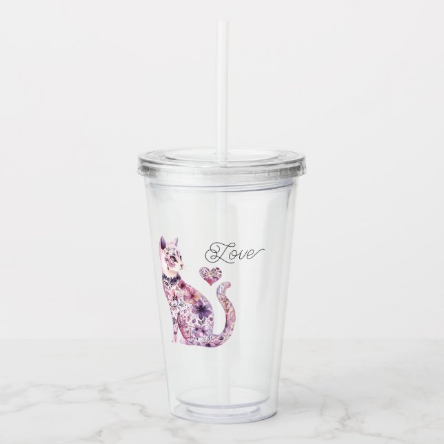 Pink Purple Blush Flowers Heart Love Cat Acrylic Tumbler (Front)