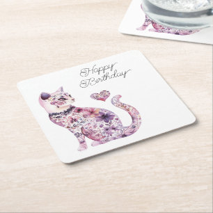 Pink Purple Blush Flowers Heart Love Cat Birthday Square Paper Coaster